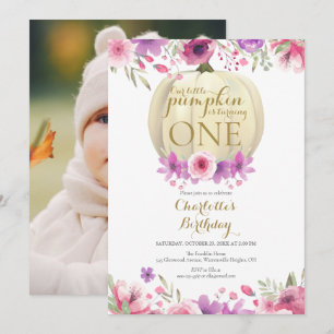 Girls 1st Birthday Little Pumpkin Floral Photo Invitation