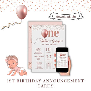 Girl's 1st Birthday Milestones Announcement Card