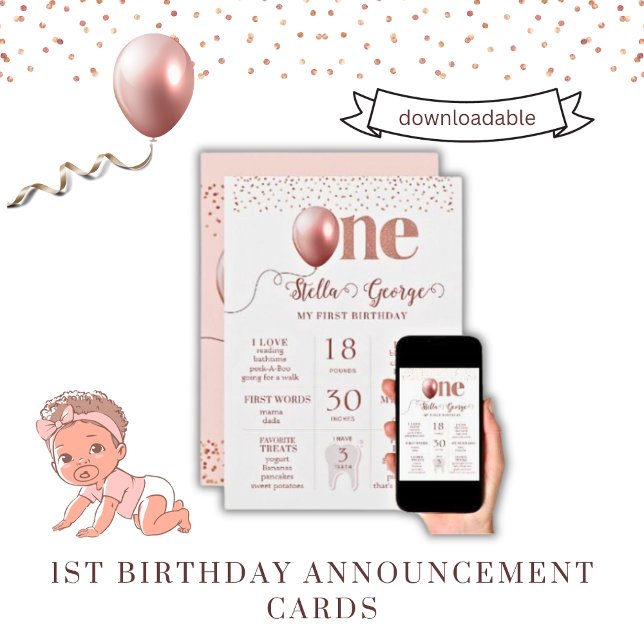 Girl's 1st Birthday Milestones Announcement Card (1st birthday announcement cards)