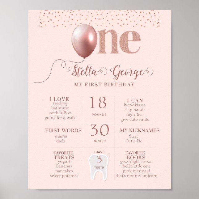 Girl's 1st Birthday Milestones Announcement Sign (Front)