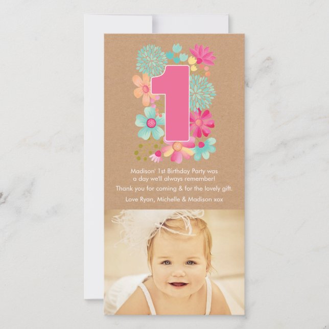 Girls 1st Birthday Number 1 Thank You Photo Card (Front)