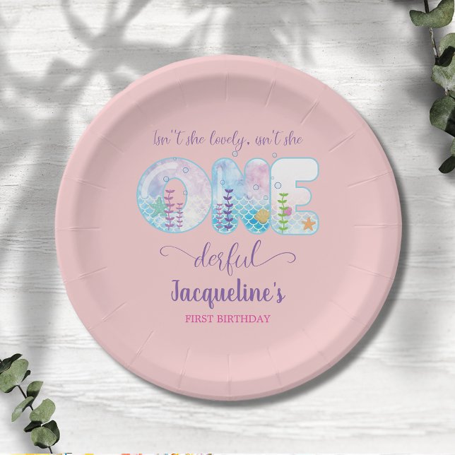 Girls 1st Birthday ONEderful Pretty Pink Paper Plate (Under the sea girls 1st birthday  party paper plate. Easy to personalize.)