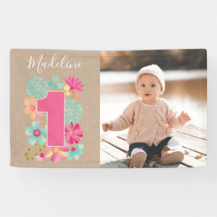 Girls 1st Birthday Party Number Photo Party Banner