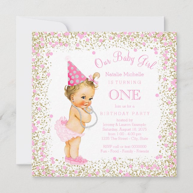 Girls 1st Birthday Party Pink Gold Glitter Invitation (Front)