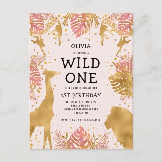 Girls 1st Birthday Party Pink Jungle Safari Invitation Postcard (Front)