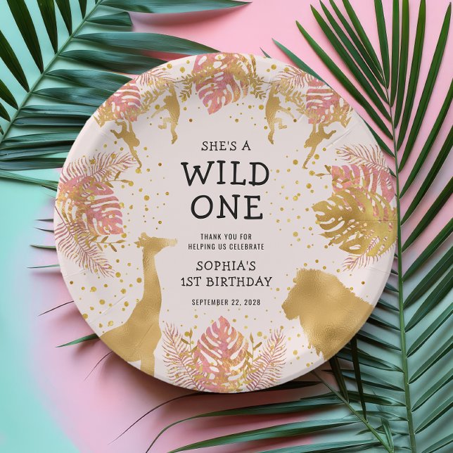 Girls 1st Birthday Party Pink Jungle Safari Paper Plate (Creator Uploaded)