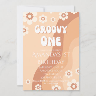 Girls 1st Birthday Party Retro Neutral Groovy One  Invitation