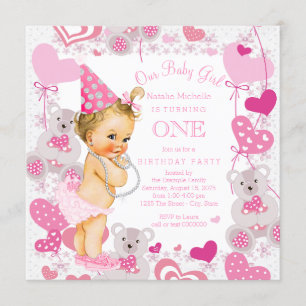 Girls 1st Birthday Party Teddy Bear Hearts Invitation