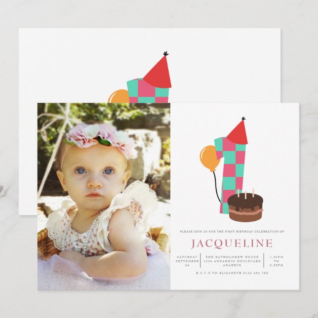 Girls 1st Birthday Photo Invitation (Front/Back)