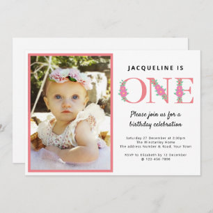Girls 1st Birthday Photo Invitation