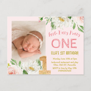 Girls 1st Birthday Photo Invitation, pretty ONE Invitation Postcard