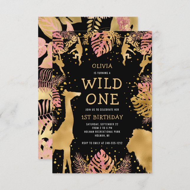 Girls 1st Birthday Pink Black Safari Invitation (Front/Back)