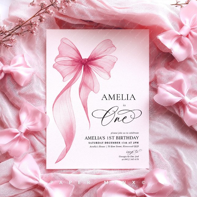 Girls 1st birthday pink bow coquette  invitation (Amelia is One! Pink Bow 1st birthday invitation)