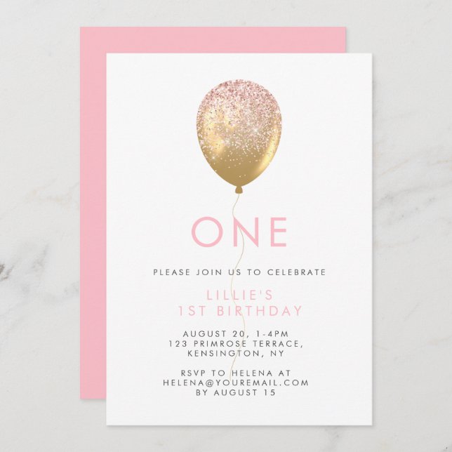 Girl's 1st Birthday Pink & Gold Party   Invitation (Front/Back)