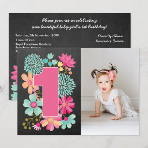 Girls 1st Birthday Pretty Number 1 Photo Invite