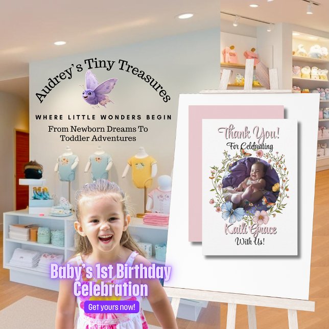 Girl's 1st Birthday Spring Butterfly Thank You Card (Creator Uploaded)