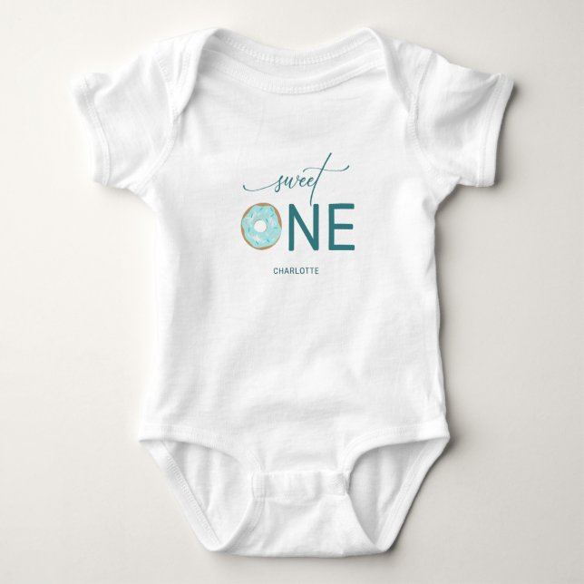 Girl's 1st Birthday Sweet One Teal Doughnut Baby Bodysuit (Front)