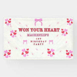 Girl's 1st Birthday WON YOUR HEART pink red VIinyl Banner