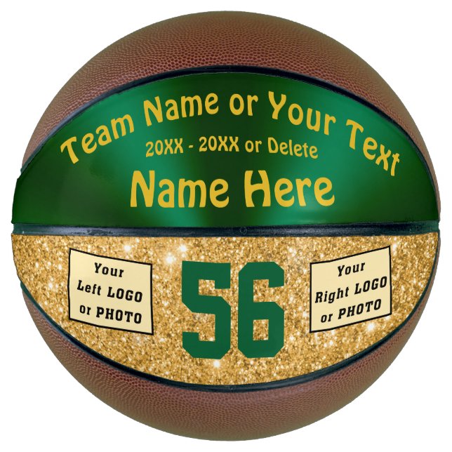 Girls 2 LOGOS or PHOTO Basketballs, Green and Gold Basketball (Front)