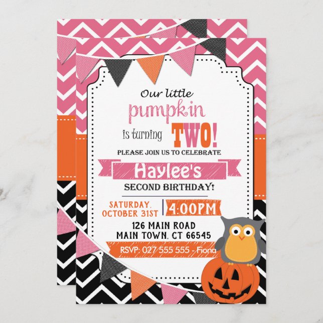 Girls 2nd Birthday Halloween Birthday Invite (Front/Back)