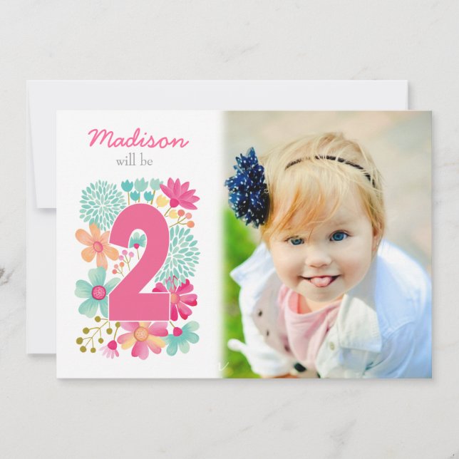 Girls 2nd Birthday Party Number Photo Invitation (Front)