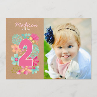Girls 2nd Birthday Party Number Photo Invitation