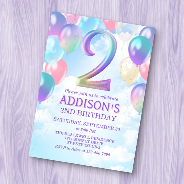 Girls 2nd Birthday Rainbow Balloons Invitation (Creator Uploaded)