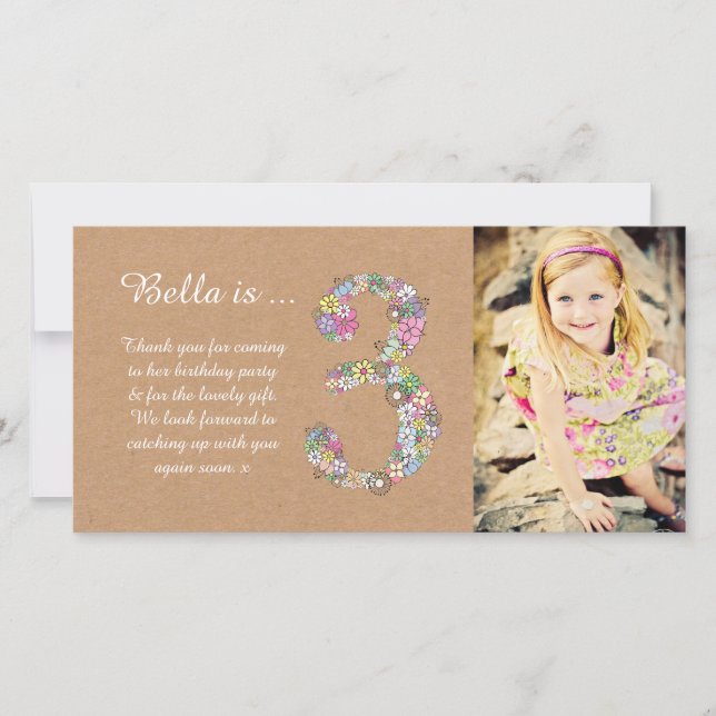Girls 3rd Birthday Floral Thank You Photo Card (Front)