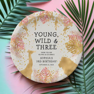 Girls 3rd Birthday Party Pink Gold Ecru Safari Paper Plate