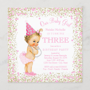Girls 3rd Birthday Party Pink Gold Glitter Invitation