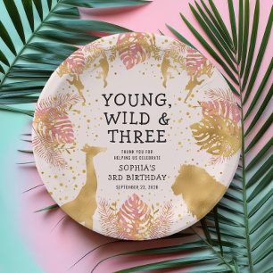 Girls 3rd Birthday Party Pink Gold Safari Paper Plate