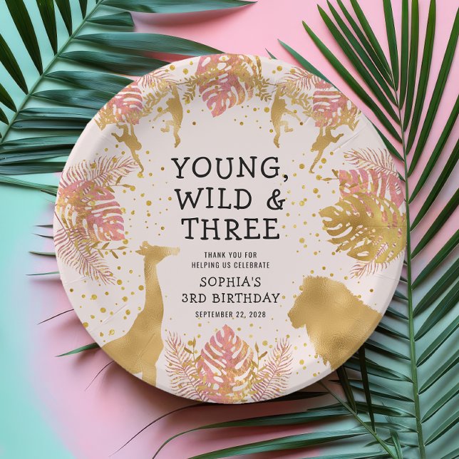 Girls 3rd Birthday Party Pink Gold Safari Paper Plate (Creator Uploaded)