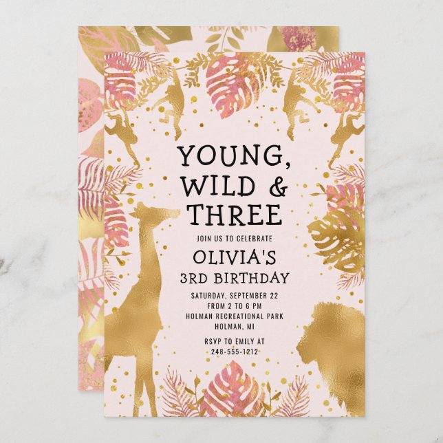 Girls 3rd Birthday Pastel Pink Gold Safari Invitation (Front/Back)