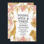 Girls 3rd Birthday Pink Gold Safari Invitation<br><div class="desc">This "young, wild and three" jungle safari themed girl's third birthday party invitation features gold faux foil animals (giraffe, lion and monkeys), gold and pink jungle foliage, and a sprinkling of gold confetti on a white background. Add the name of the birthday girl and party details in black text. A...</div>