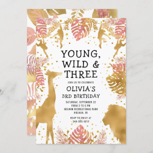 Girls 3rd Birthday Pink Gold Safari Invitation