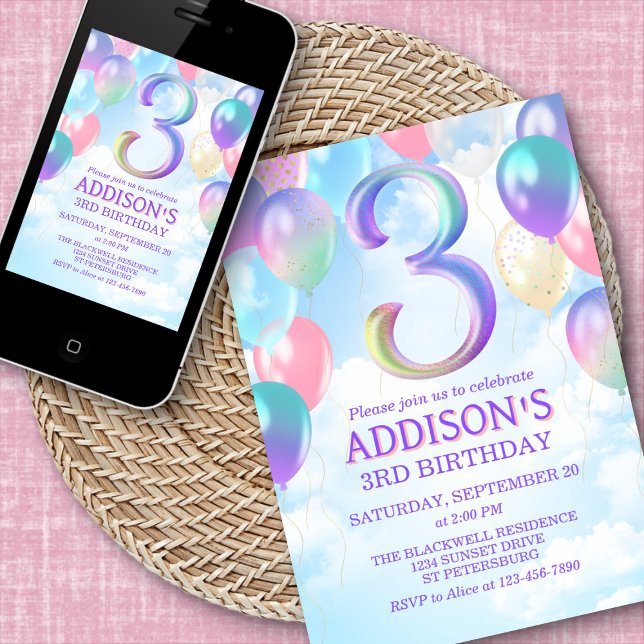 Girls 3rd Birthday Rainbow Balloons Invitation (Creator Uploaded)