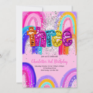 Girls 3rd Birthday Sequin Rainbow Party Invitation