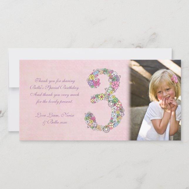 Girls 3rd Birthday Thank You Photo Card (Front)