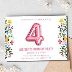Girls 4th Balloon Birthday Party Invitation