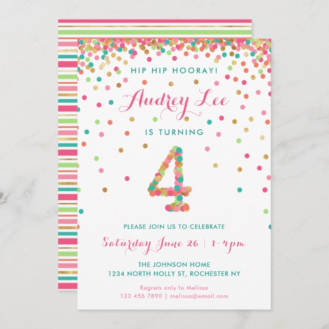 Girls 4th Birthday Invitation  birthday party (Front/Back)