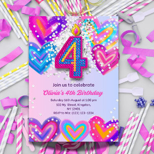 Girls 4th Birthday Invitation Editable Colorful 4