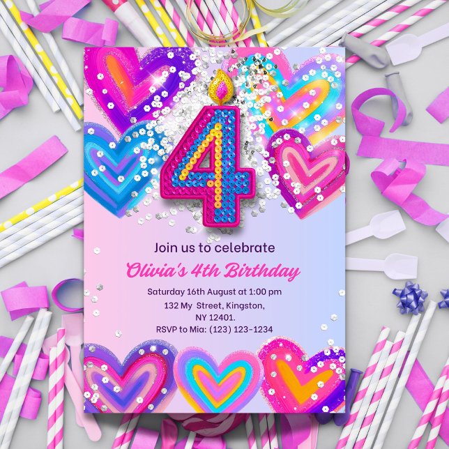 Girls 4th Birthday Invitation Editable Colourful 4 (Creator Uploaded)