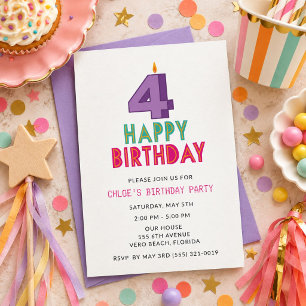Girl's 4th Birthday Party Photo Party Invitation