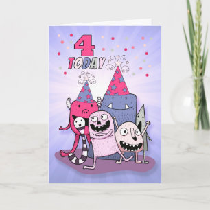 Girls 4th Birthday Pink n Purple Cartoon Monsters Card