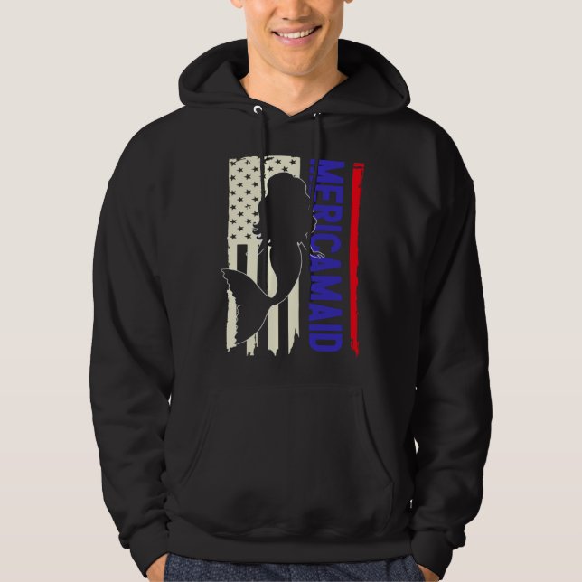 Girls 4th Of July American Flag USA Kids Mermaid M Hoodie (Front)