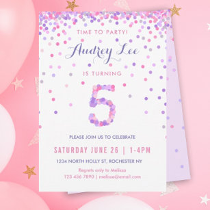Girls 5th Birthday Fifth Birthday Confetti Party Invitation