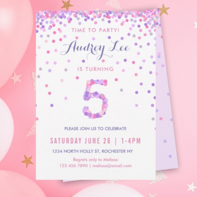 Girls 5th Birthday Fifth Birthday Confetti Party Invitation (Pink and purple confetti for your 5 year old's birthday party!)