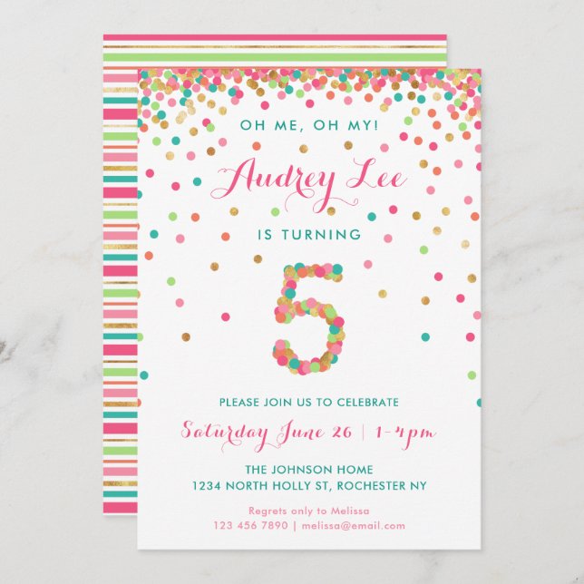 Girls 5th Birthday Invitation  birthday party (Front/Back)