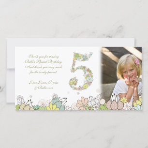 Girls 5th Birthday Neutral Blooms Thank You Photo Card