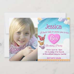 Girls 6th Birthday Party Photo Invite Butterflies